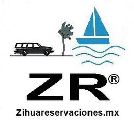 Logotipo con coche, palma, velero y texto: "ZR® Zihuareservaciones.mx".