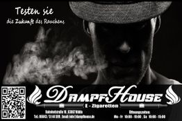 Mann mit Hut, dampfend, Werbetext für E-Zigaretten-Laden "DampfHouse" mit QR-Code und Öffnungszeiten.