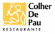 Logotipo do restaurante "Colher De Pau" com desenho estilizado em fundo amarelo.