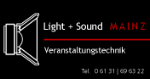 "Logo mit Lautsprecher, Text: Light + Sound Mainz, Veranstaltungstechnik, Tel. 06131 690322."