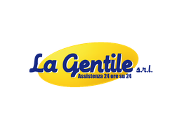 Logo "La Gentile" su sfondo giallo, testo blu, con slogan "Assistenza 24 ore su 24."