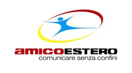 Logo con figura stilizzata, testo "amicoESTERO" e slogan "comunicare senza confini".