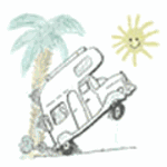 Wohnmobil fährt schräg, Palme und lachende Sonne im Hintergrund.
