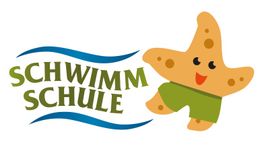 Illustration eines Seesterns in Shorts neben dem Schriftzug "SCHWIMMSCHULE" mit blauen Wellen.