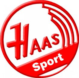Rotes Logo mit stilisiertem "HAAS Sport" Schriftzug in einem Kreis.
