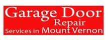 Red sign reading "Garage Door Repair Services in Mount Vernon".