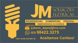 Cartão da JM Soluções Elétricas com contato e serviços residenciais e comerciais.