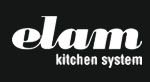 Logo "elam kitchen system" su sfondo nero.