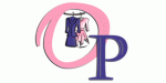 Buchstabe "P" mit zwei Kleidern im Hintergrund, umrahmt von einem pinken Bogen.