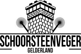 Schetstekening van een schoorsteen met borstels en de tekst: "Schoorsteenveger Gelderland".
