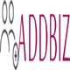 Logo with stylized figures and the text "ADDBIZ" in bold pink letters.