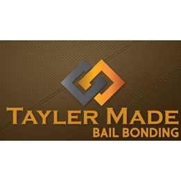 Logo for Tayler Made Bail Bonding with interlocking gray and gold squares on a brown background.