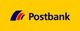 Postbank-Logo auf gelbem Hintergrund mit blauen und roten Streifen links vom Text.