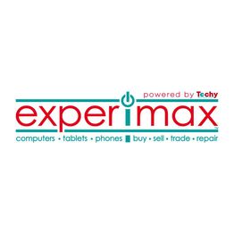 Logo of Experimax offering computer, tablet, and phone services, powered by Techy.