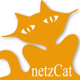 Orangefarbene Katze mit stilisierten Augen, der Text "netzCat" ist unten im Bild.