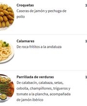 Croquetas, calamares y parrillada de verduras con precios en menú.