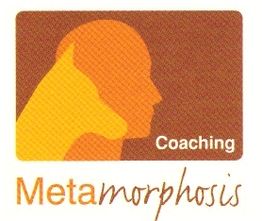 Logo mit Mensch- und Tier-Silhouette, Text "Coaching Metamorphosis" in Orange- und Brauntönen.
