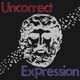 Künstlerische Statue mit der Aufschrift "Uncorrect Expression", gepunkteter Hintergrund.