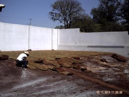 Pessoa ajoelhada instalando grama em um pátio cercado, com árvores ao fundo e céu azul.