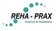 Logo mit Schriftzug "REHA-PRAX" und "Fachpraxis für Rehabilitation", blaue Kreise als Verzierung.