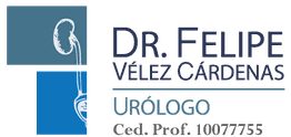 Logo con riñón, texto: Dr. Felipe Vélez Cárdenas, Urólogo, Cédula Profesional 10077755.