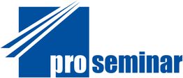 Blaues Logo mit Schriftzug "proseminar" und drei weißen Streifen.
