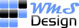 Logo mit blauen und schwarzen Quadraten, Text: "WMS Design".