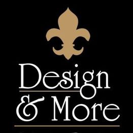 Stylized "Design & More" text with a gold fleur-de-lis on a black background.