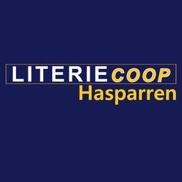 Texte "Literie Coop Hasparren" en jaune sur fond bleu.