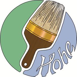 Pinsel und das Wort "Hohe" vor einem grünen und blauen Hintergrund.