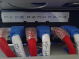 Cabos de rede conectados a um painel de patch com portas identificadas de PT-01 a PT-06.