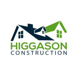 Logo for Higgason Construction with stylized house roofs in blue and green.