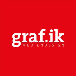 Weißer Text auf rotem Hintergrund: "graf.ik MEDIENDESIGN".