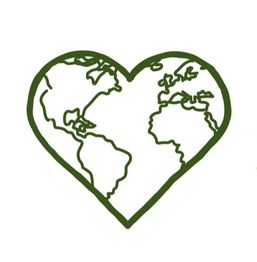 Herzförmige Weltkarte, grüne Kontinente auf weißem Hintergrund.