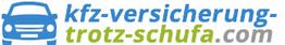 Logo mit blauem Auto und Text: "kfz-versicherung-trotz-schufa.com" in Blau, Grün und Grau.