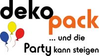 Text "deko pack ...und die Party kann steigen" mit drei Luftballons in Gelb, Blau, Rot.
