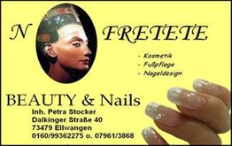 Visitenkarte für Beauty & Nails mit Nofretete-Bild, Kosmetik, Fußpflege, Nageldesign und Kontaktdaten.