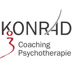 Konrad-Logo mit Schriftzug: "Coaching Psychotherapie" in Schwarz und Rot.