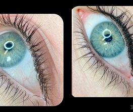 Close-up van twee blauwe ogen met verschillend gestylde wimpers.