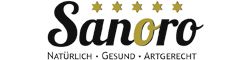 Sanoro-Logo mit Schriftzug "Natürlich - Gesund - Artgerecht" und vier goldenen Sternen.