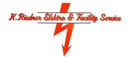 K. Riedner Elektro & Facility Service Logo mit rotem Blitz im Hintergrund.