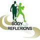 Twee silhouetten en het logo "Body Reflexions" op een achtergrond met golvende lijnen.