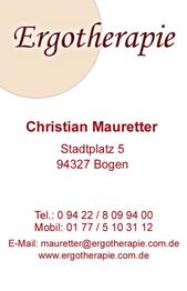 Ergotherapie-Visitenkarte von Christian Mauretter mit Kontaktinformationen in Bogen, Deutschland.