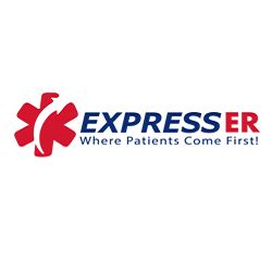 Express ER logo with red medical symbol and slogan: "Where Patients Come First!"