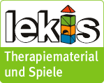Logo mit Schriftzug "lekis" und bunten Bausteinen, darunter "Therapiematerial und Spiele".