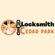 "Locksmith Cedar Park logo with a key and worker graphic."