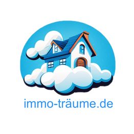 Illustration eines blauen Hauses auf Wolken, mit dem Text "immo-träume.de".