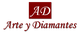 Logo de "Arte y Diamantes" con letras elegantes y fondo cuadricular rojo.