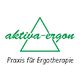 Grünes Dreieck mit Text "aktiva-ergon" und "Praxis für Ergotherapie" darunter.