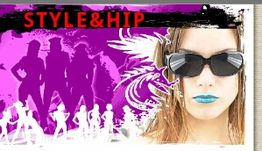 Frau mit Sonnenbrille und blauen Lippen, daneben stilisierte Silhouetten und "STYLE & HIP"-Text.